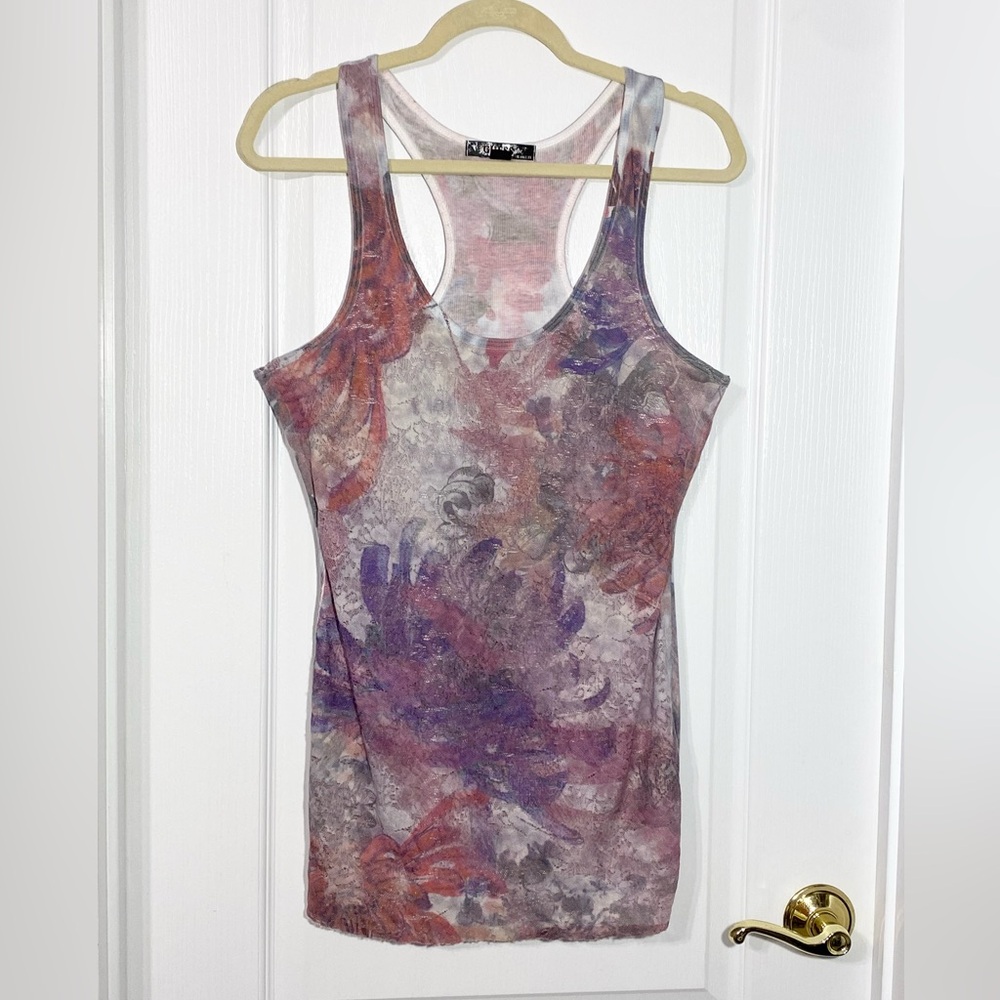 Y2K Guess USA MADE Lace Overlay Floral Racerback Tank Top Size Large